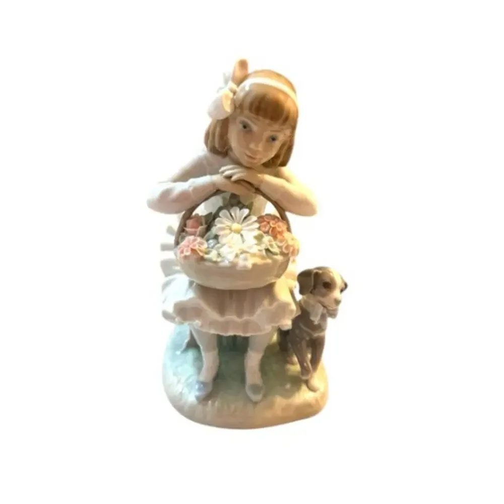 Lladro 1088 Girl With Flowers Basket & Dog Retired Porcelain Figurine